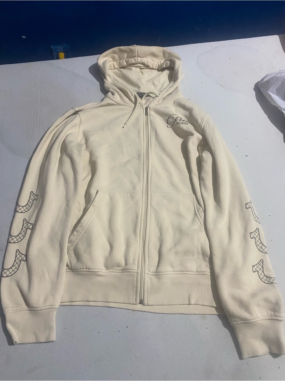 True Religion Cream Full-Zip Hoodie with Sleeve Graphic